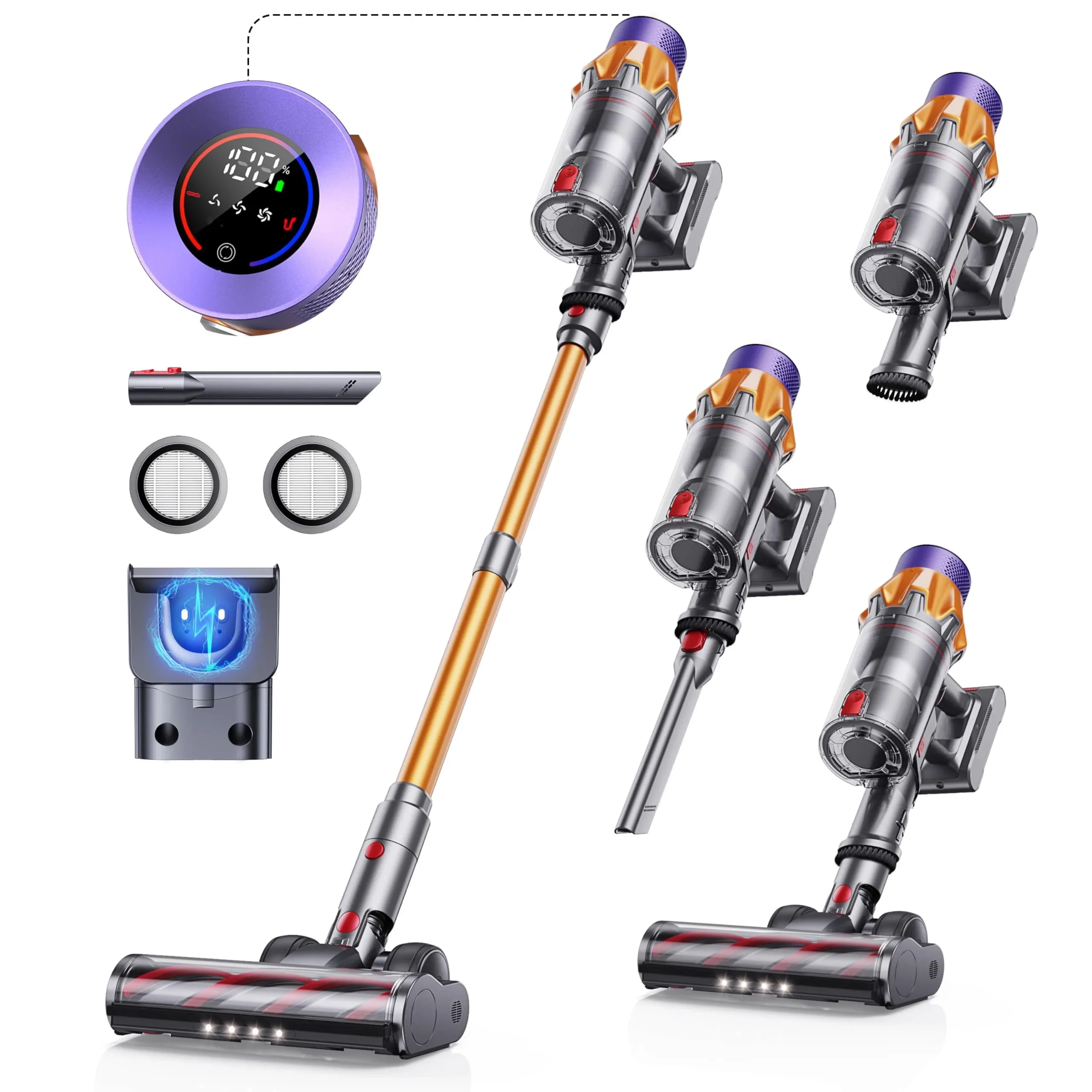 Studio render of a cordless stick vacuum cleaner shown in multiple component views and attachments on a white background, including a floor head, dust bin, filters, battery, motor unit, and assembled vacuum configurations.